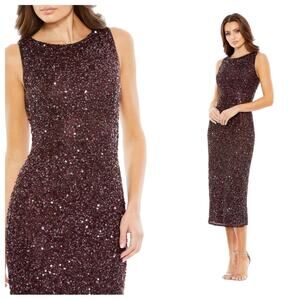 NWT MAC DUGGAL 5526 Mahogany Sleeveless Sequined Midi Sheath Dress Women’s